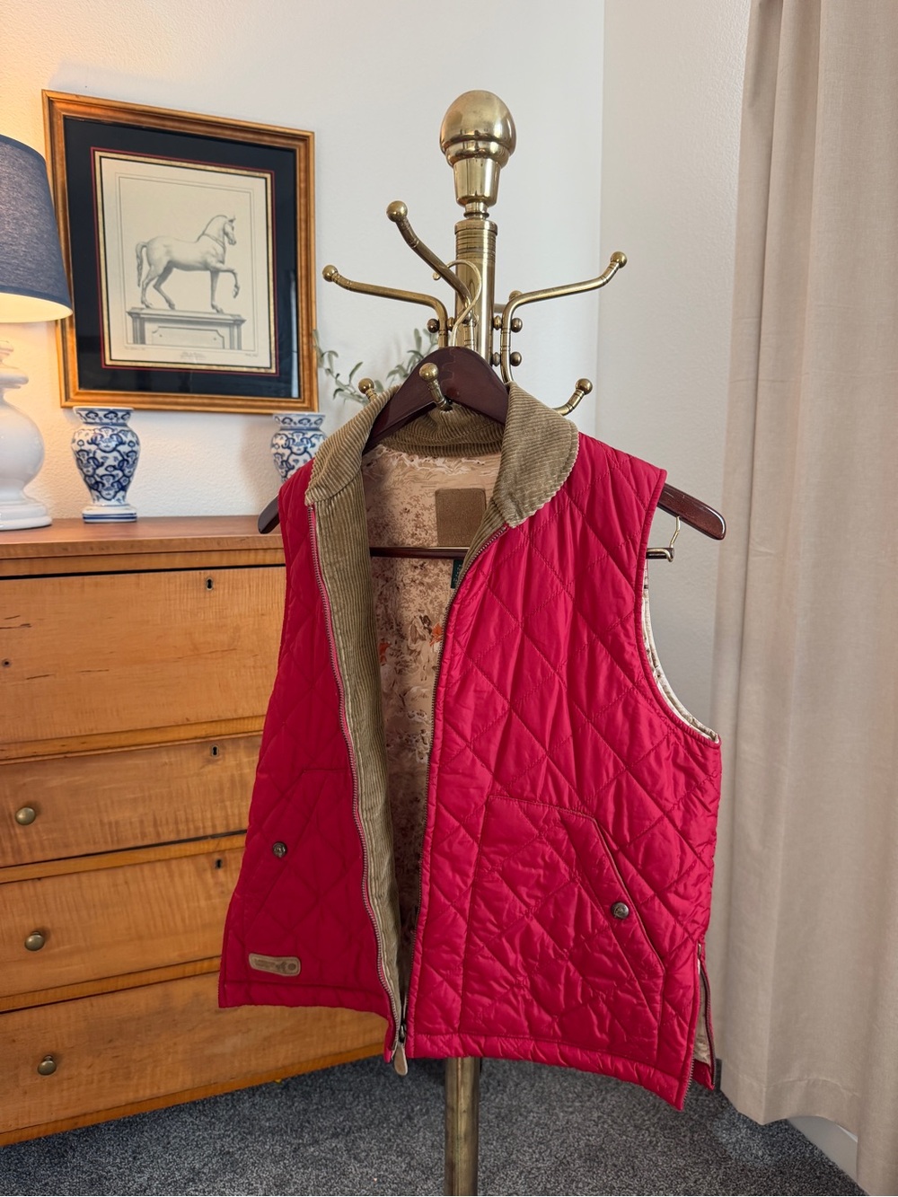 Lauren Ralph Lauren Quilted Red Vest with Corduroy Trim